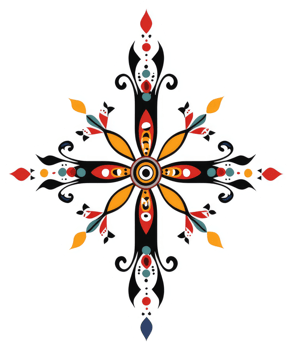 Ornate decorative cross design with colorful floral accents. png