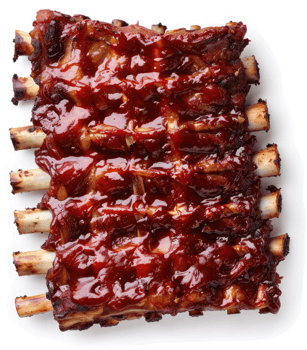 A plate of delicious, glazed ribs with a rich barbecue sauce. png