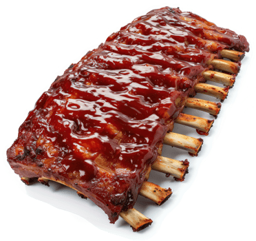 A plate of delicious, glazed ribs, glistening with barbecue sauce. png