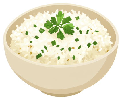 A bowl of white rice topped with fresh herbs and spring onions. png
