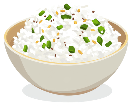 A bowl of seasoned white rice with scallions and spices. png