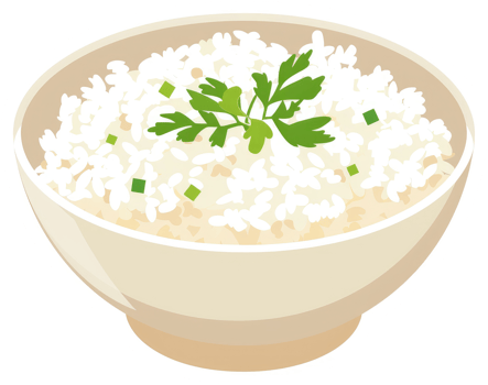 A bowl of fluffy rice garnished with fresh herbs. png