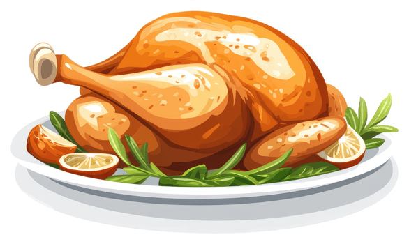 A roasted chicken with herbs and citrus on a plate. png