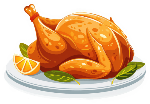 A roasted chicken dish on a plate with orange slices and herbs. png