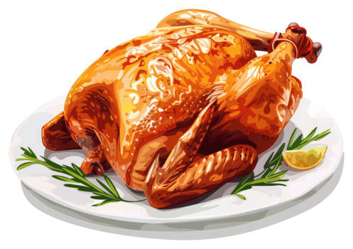 A roasted chicken resting on a white platter, garnished with fresh herbs and lemon. png
