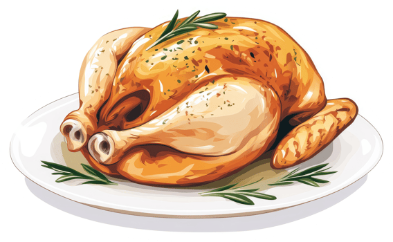 A roasted chicken resting on a plate garnished with sprigs of rosemary. png