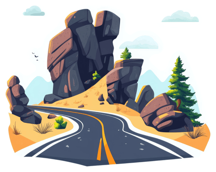 Winding road through a rocky desert landscape. png