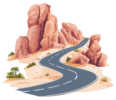 A winding desert road snakes past towering reddish rocks. png