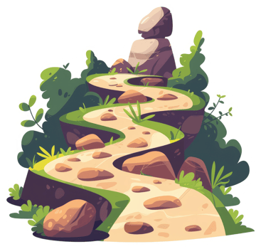 A winding mountain path surrounded by lush vegetation and rocks. png