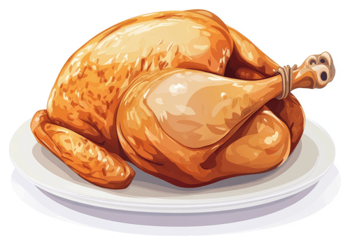 Roasted chicken on a plate, ready to be served. png