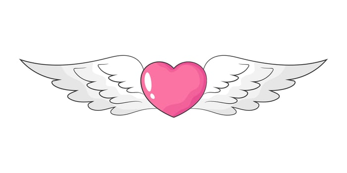 Hand drawn heart with white wings line icon emblem isolated on white background. Angel heart vector