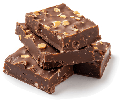 A stack of rich, dark chocolate bars studded with nuts. png
