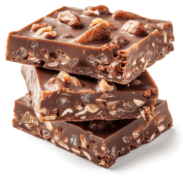 A stack of rich, dark chocolate bars with nuts and crunchy pieces. png