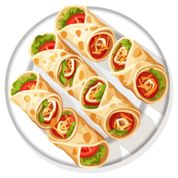 A plate of delicious, rolled-up wraps filled with savory ingredients. png