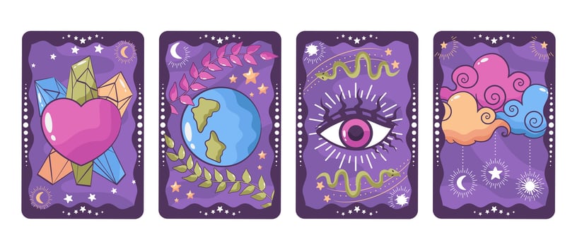 Hand drawn Tarot cards with magical eye, crystals and decorative elements. Mystery, astrology, esoteric vector