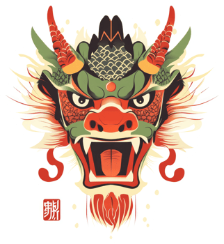 A vibrant illustration of a ferocious asian dragon head. png