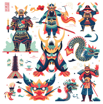 A vibrant collection of asian-inspired figures and mythical creatures. png