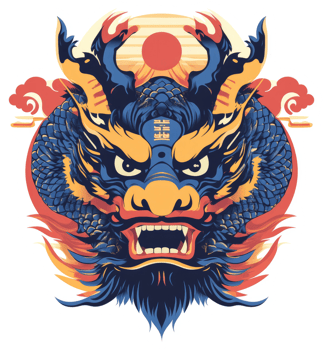 A vibrant and fierce dragon head design with intricate details. png