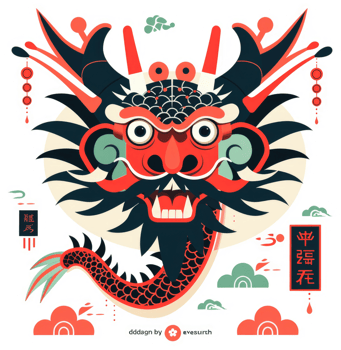 A vibrant illustration of a stylized chinese dragon head and body. png