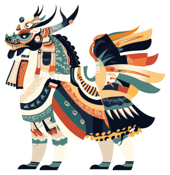 A vibrant, stylized illustration of a mythical creature, adorned with intricate patterns and colorful garments. png