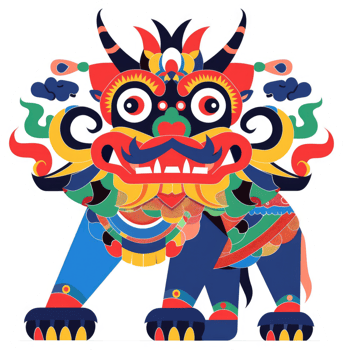 Vibrant stylized chinese lion dance figure. png