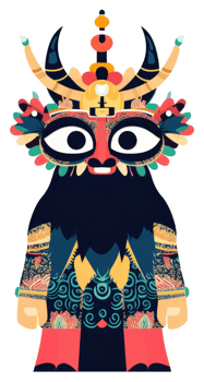 A vibrant illustration of a fantastical creature with ornate tribal attire. png