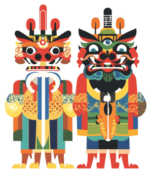 Colorful chinese lion dance figures, a vibrant illustration. png