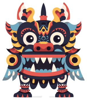 A colorful stylized illustration of a mythical lion dance creature. png