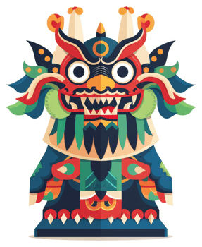 A colorful, stylized illustration of a mythical asian guardian figure. png