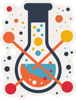 A colorful, abstract illustration of a flask with interconnected elements. png