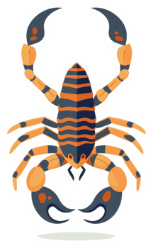 A stylized illustration of a scorpion with orange and dark blue stripes. png