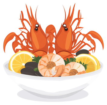 A bowl of fresh seafood with lobster, shrimp, and mussels. png