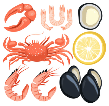 Colorful illustration of various seafood and shellfish. png