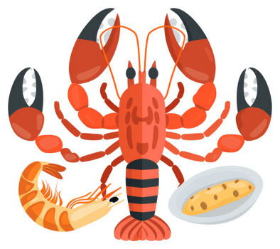 Colorful illustration of lobster, shrimp, and a seafood dish. png