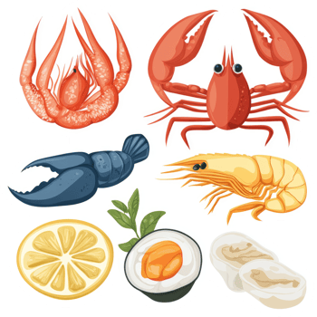 Colorful illustration of various seafood and sushi ingredients. png