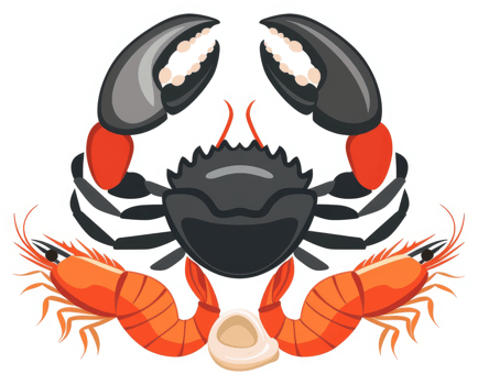 Colorful illustration of a crab and two shrimp. png