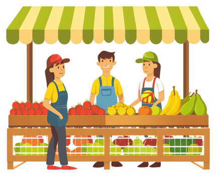 A vibrant farmers market stall with friendly vendors and fresh produce. png