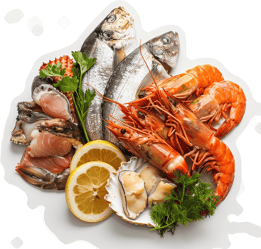 A platter of fresh seafood, featuring various types of fish, shrimp, and shellfish. png
