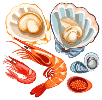 A colorful illustration of various seafood delicacies. png