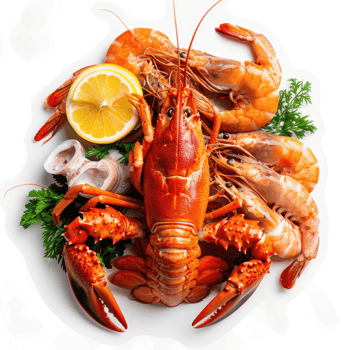 A plate of fresh seafood including lobster, shrimp, and lemon. png