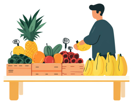A person selecting bananas from a fruit stand overflowing with colorful produce. png