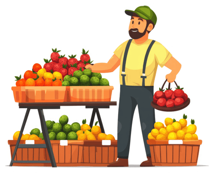 A farmer's market vendor displays a variety of fresh fruits. png