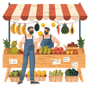 Two farmers selling fresh produce at a market stall. png