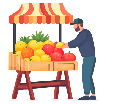 A street vendor displaying a colorful array of fresh fruits under a striped awning. png