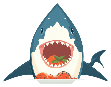 A shark with an open mouth, happily devouring a plate of fruit. png
