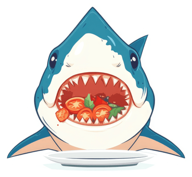 A hungry shark chomping down on a plate of sliced tomatoes and herbs. png