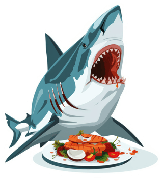 A hungry great white shark devouring a plate of food. png
