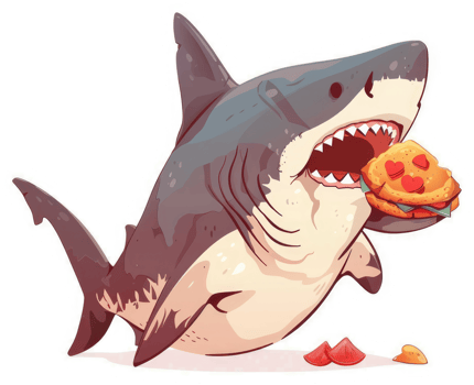 A cartoon shark devouring a heart-shaped sandwich. png
