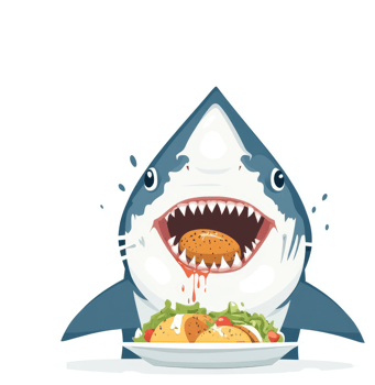 A hungry shark bites into a delicious meal of tacos and salad. png