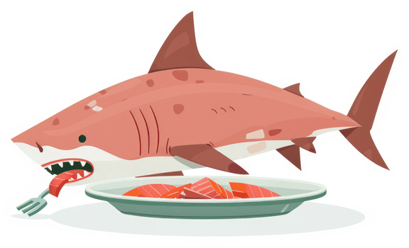 A shark devouring a plate of sliced salmon. png